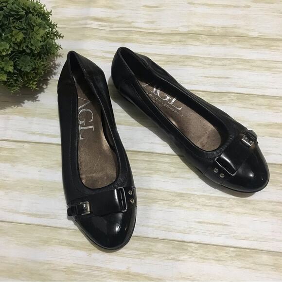 AGL Black Leather Patent Cap Toe Buckle Flats Made In Italy Women’s Size 38 - Picture 1 of 6
